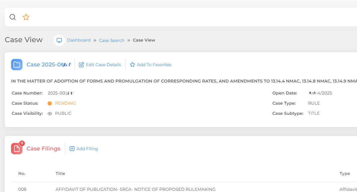 eDocket system screenshot